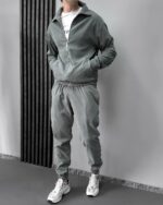 Мужской Вельветовый Серый Костюм на Молнии - Зип Кофта + Штаны с Манжетами