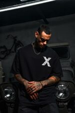 Мужская Объемная Хлопковая Черная Футболка "X" Оверсайз с Принтом на Спине