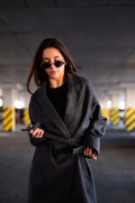 Женское Классическое Кашемировое Графитовое Пальто с Поясом