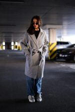 Женское Классическое Кашемировое Серое Пальто с Поясом