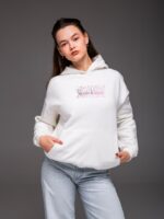 Женское Теплое Белое Худи Оверсайз с Розовой Надписью