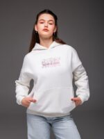 Женское Теплое Белое Худи Оверсайз с Розовой Надписью