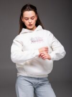 Женское Теплое Белое Худи Оверсайз с Розовой Надписью