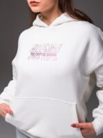 Женское Теплое Белое Худи Оверсайз с Розовой Надписью