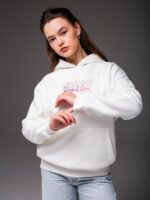 Женское Теплое Белое Худи Оверсайз с Розовой Надписью