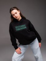 Женское Теплое Черное Худи Оверсайз с Надписью