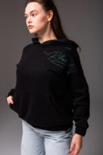 Женское Утепленное Базовое Черное Худи Оверсайз на Флисе