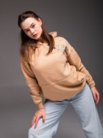 Женское Утепленное Базовое Бежевое Худи Оверсайз на Флисе