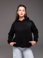 Женское Утепленное Базовое Черное Худи Оверсайз на Флисе