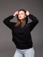 Женское Утепленное Базовое Черное Худи Оверсайз на Флисе