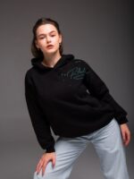 Женское Утепленное Базовое Черное Худи Оверсайз на Флисе