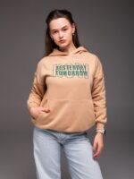 Женское Теплое Бежевое Худи Оверсайз с Надписью