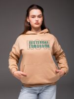 Женское Теплое Бежевое Худи Оверсайз с Надписью