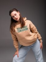 Женское Теплое Бежевое Худи Оверсайз с Надписью