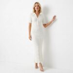 Женское Длинное Трикотажное Белое Платье Поло с Короткими Рукавами