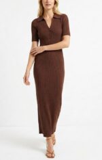 Женское Длинное Трикотажное Коричневое Платье Поло с Короткими Рукавами