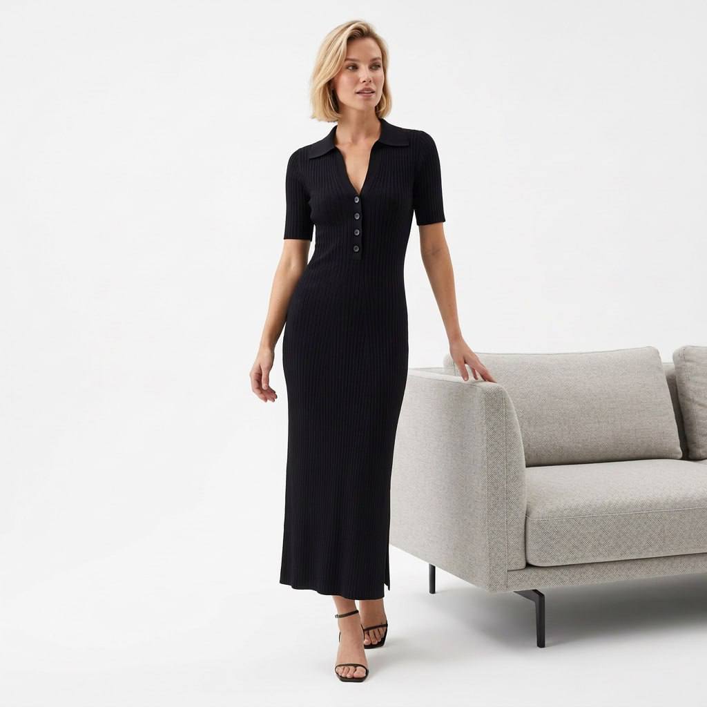 photo_2026-03-23_10-54-11 Женское Длинное Трикотажное Черное Платье Поло с Короткими Рукавами