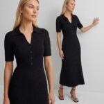 Женское Длинное Трикотажное Черное Платье Поло с Короткими Рукавами