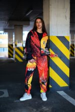 Женский Оранжевый Спортивный Костюм Плащевка в Принт (Олимпийка + Джоггеры)