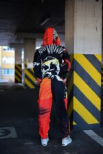 Женский Оранжевый Спортивный Костюм Плащевка в Принт (Олимпийка + Джоггеры)