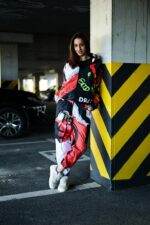 Женский Черно-Красный Спортивный Костюм Плащевка в Принт (Олимпийка + Джоггеры)