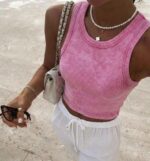 Женская Базовая Розовая Вареная Майка в Рубчик