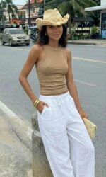 Женская Базовая Бежевая Вареная Майка в Рубчик