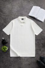 Мужская Базовая Белая Футболка в Рубчик - Классическая с Воротником Поло