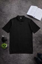 Мужская Базовая Черная Футболка в Рубчик - Классическая с Воротником Поло