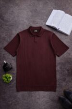 Мужская Базовая Бордовая Футболка в Рубчик - Классическая с Воротником Поло