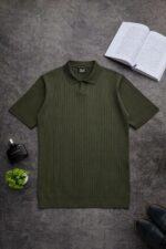 Мужская Базовая Хаки Футболка в Рубчик - Классическая с Воротником Поло