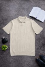 Мужская Базовая Бежевая Футболка в Рубчик - Классическая с Воротником Поло