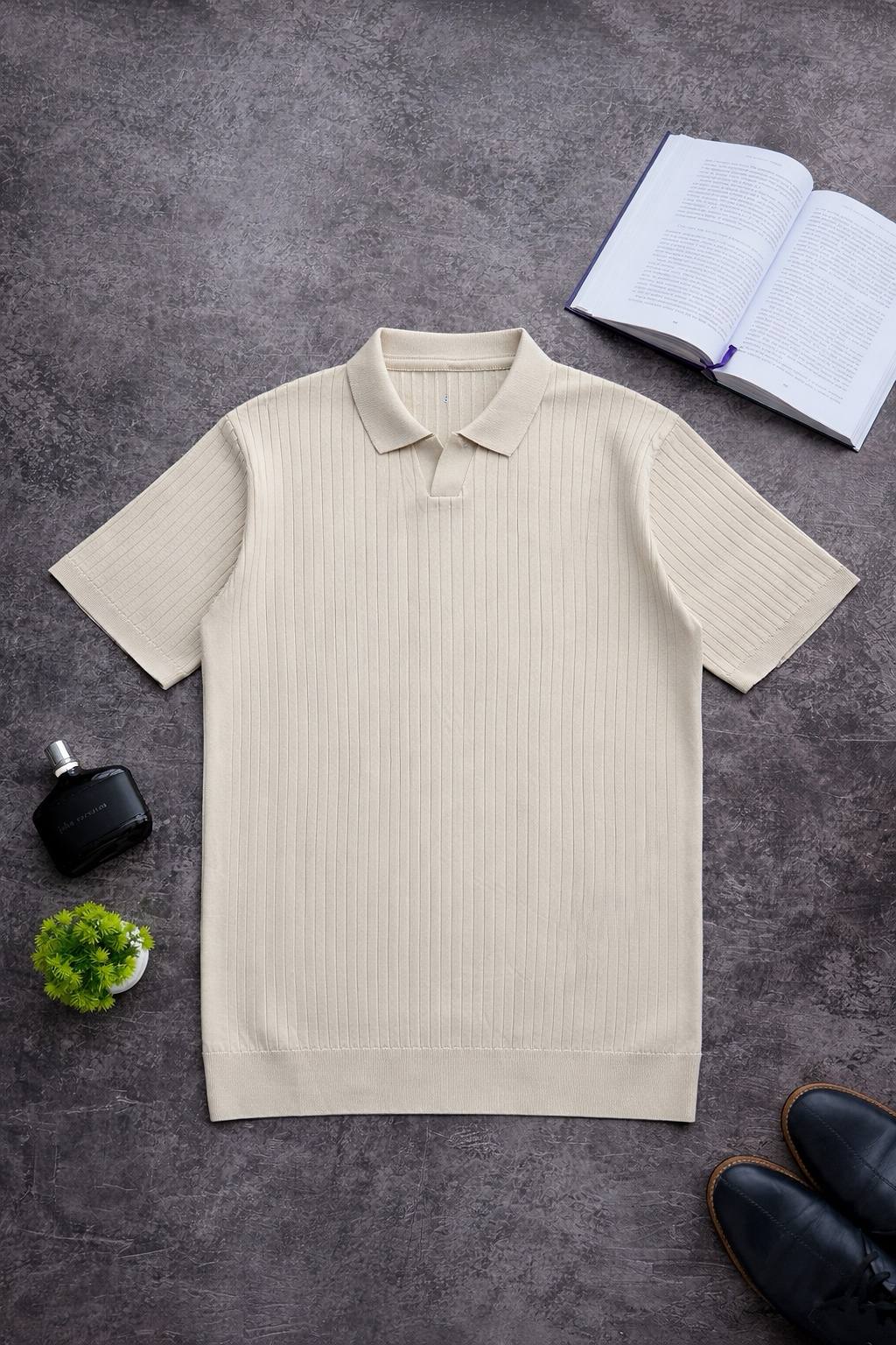 photo_2026-03-23_18-41-04 Мужская Базовая Бежевая Футболка в Рубчик - Классическая с Воротником Поло