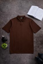 Мужская Базовая Коричневая Футболка в Рубчик - Классическая с Воротником Поло
