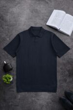 Мужская Базовая Темно-Синяя Футболка в Рубчик - Классическая с Воротником Поло