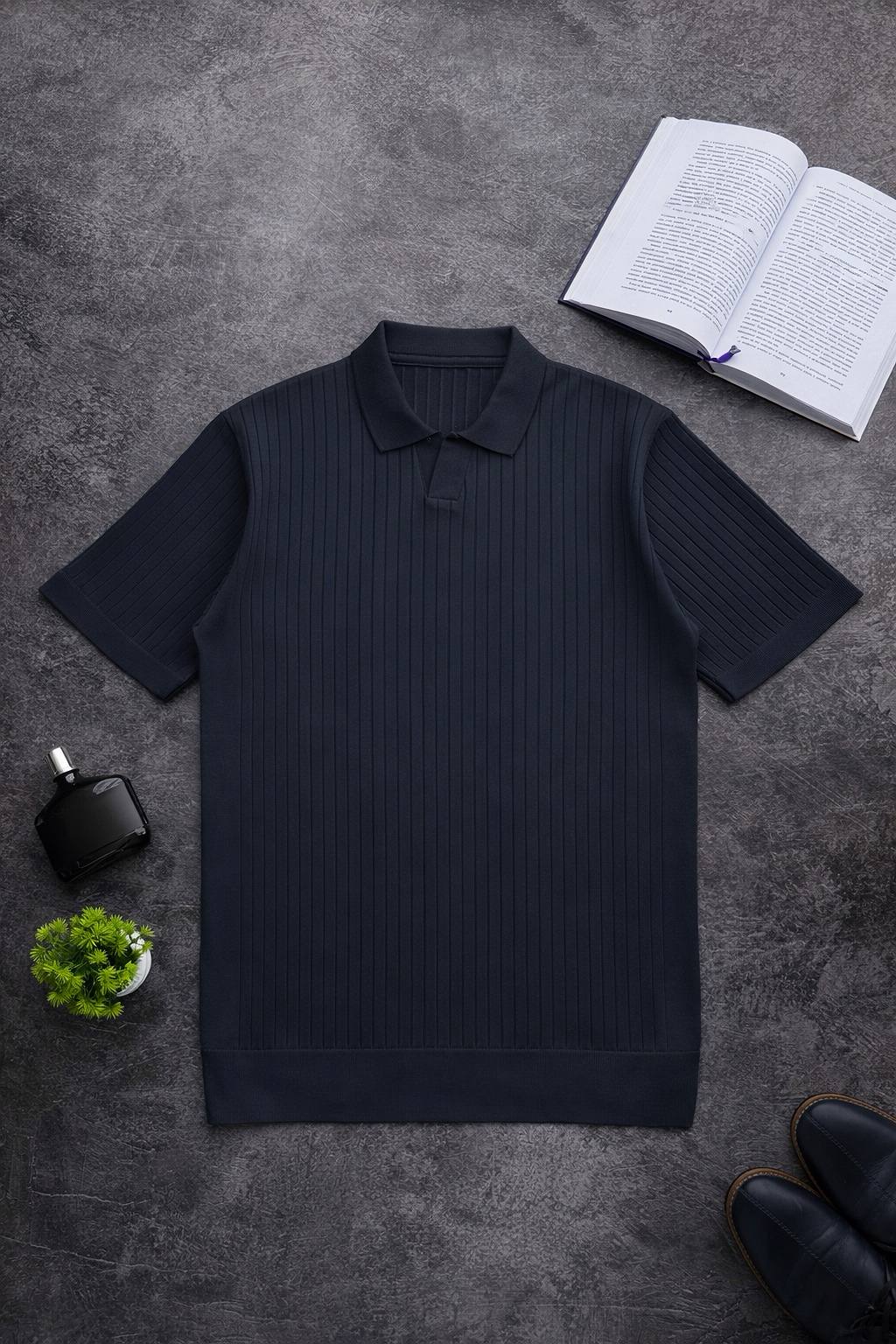 photo_2026-03-23_18-41-10 Мужская Базовая Темно-Синяя Футболка в Рубчик - Классическая с Воротником Поло