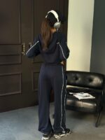 Женский Темно-Синий Спортивный Костюм Свободного Кроя с Кантом - Укороченная Зип Кофта + Широкие Штаны