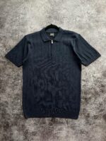 Мужская Классическая Темно-Синяя Футболка Поло в Широкий Рубчик с Воротником на Замке