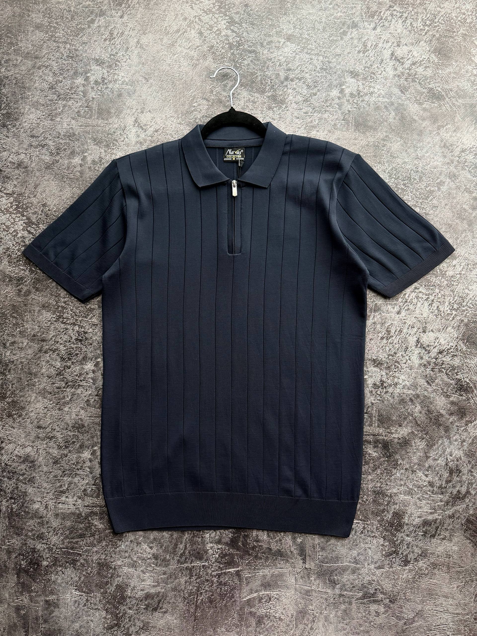photo_2026-03-24_10-57-53 Мужская Классическая Темно-Синяя Футболка Поло в Широкий Рубчик с Воротником на Замке