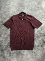 Мужская Классическая Бордовая Футболка Поло в Широкий Рубчик с Воротником на Замке