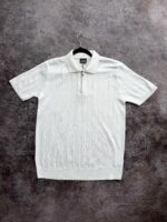 Мужская Классическая Белая Футболка Поло в Широкий Рубчик с Воротником на Замке