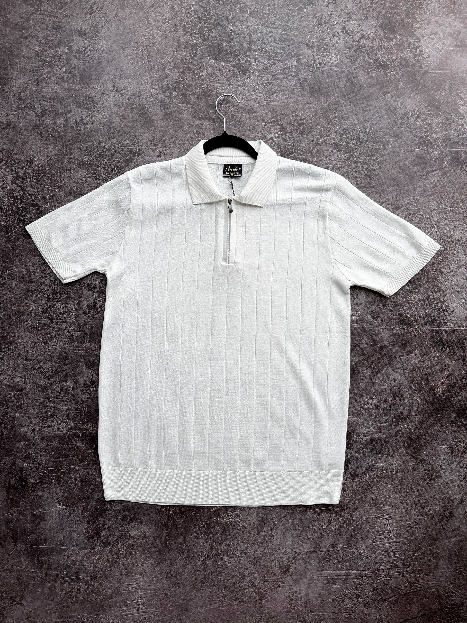 photo_2026-03-24_10-57-56 Мужская Классическая Белая Футболка Поло в Широкий Рубчик с Воротником на Замке