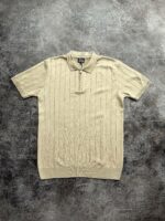 Мужская Классическая Бежевая Футболка Поло в Широкий Рубчик с Воротником на Замке