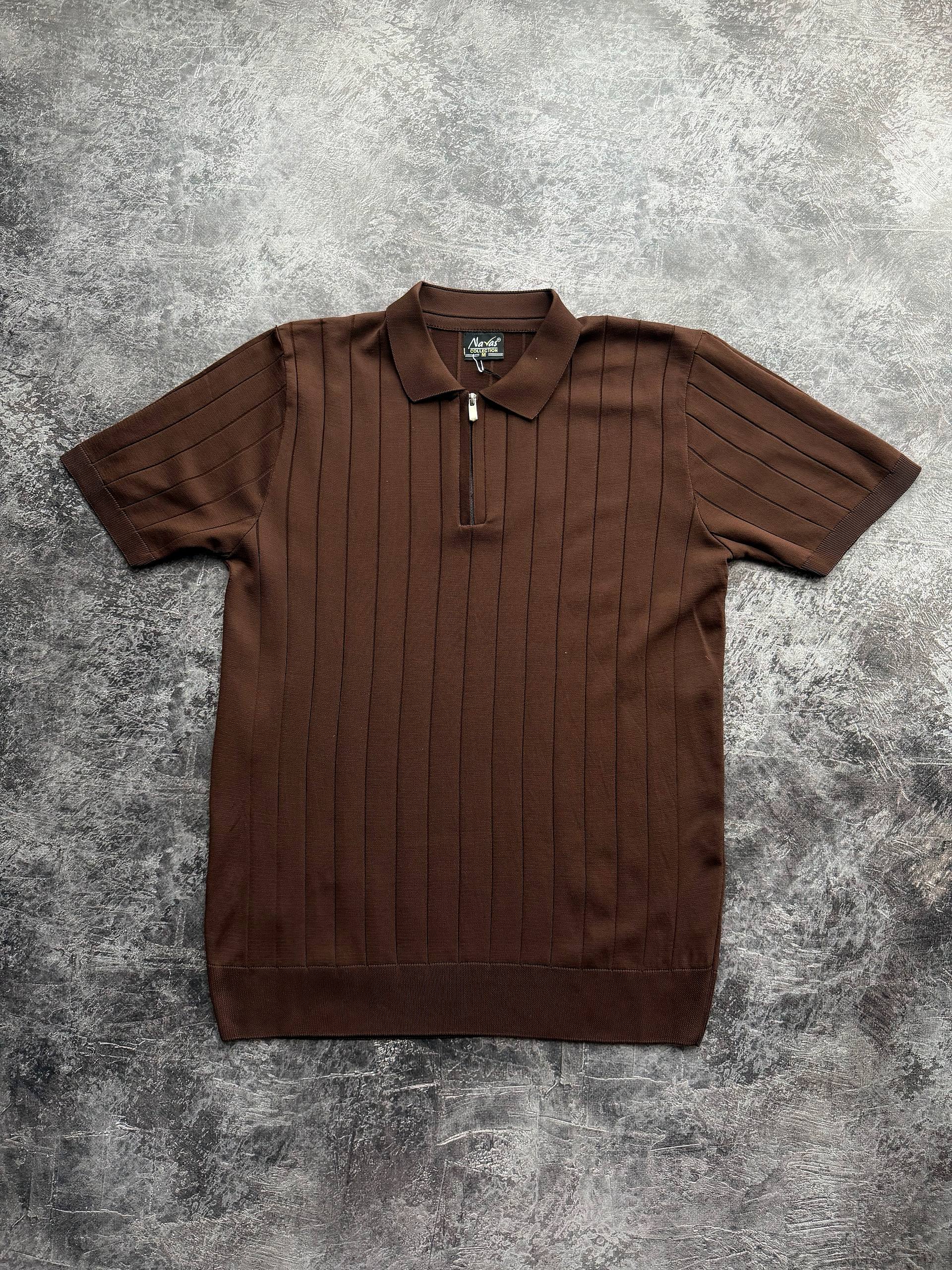 photo_2026-03-24_10-58-15 Мужская Классическая Коричневая Футболка Поло в Широкий Рубчик с Воротником на Замке