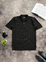 Мужская Классическая Черная Футболка Поло на Замке с Рельефным Узором Косичка