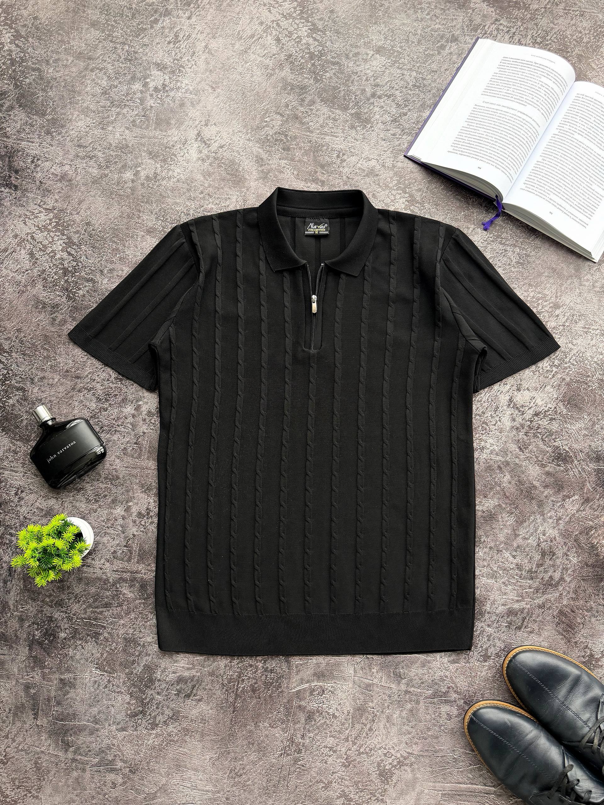 photo_2026-03-24_19-42-17 Мужская Классическая Черная Футболка Поло на Замке с Рельефным Узором Косичка