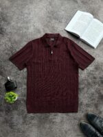 Мужская Классическая Бордовая Футболка Поло на Замке с Рельефным Узором Косичка