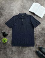 Мужская Классическая Темно-Синяя Футболка Поло на Замке с Рельефным Узором Косичка