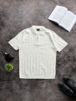 Мужская Классическая Белая Футболка Поло на Замке с Рельефным Узором Косичка