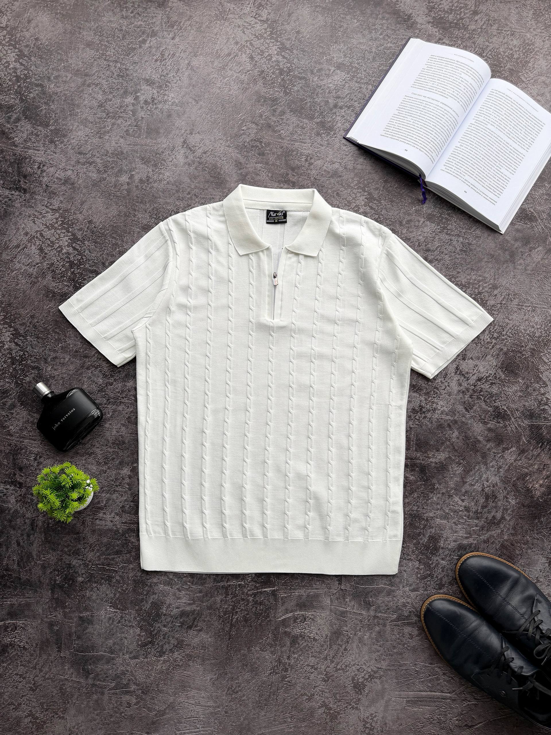 photo_2026-03-24_19-42-27 Мужская Классическая Белая Футболка Поло на Замке с Рельефным Узором Косичка